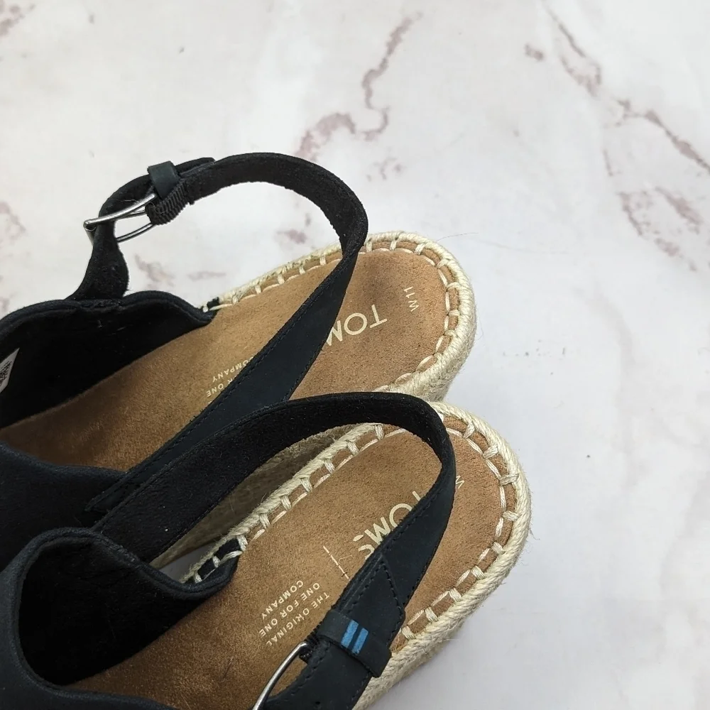 Toms Wedge Women 11 Espadrille Black Platform Slingback Shoe Sandal Open Monica
